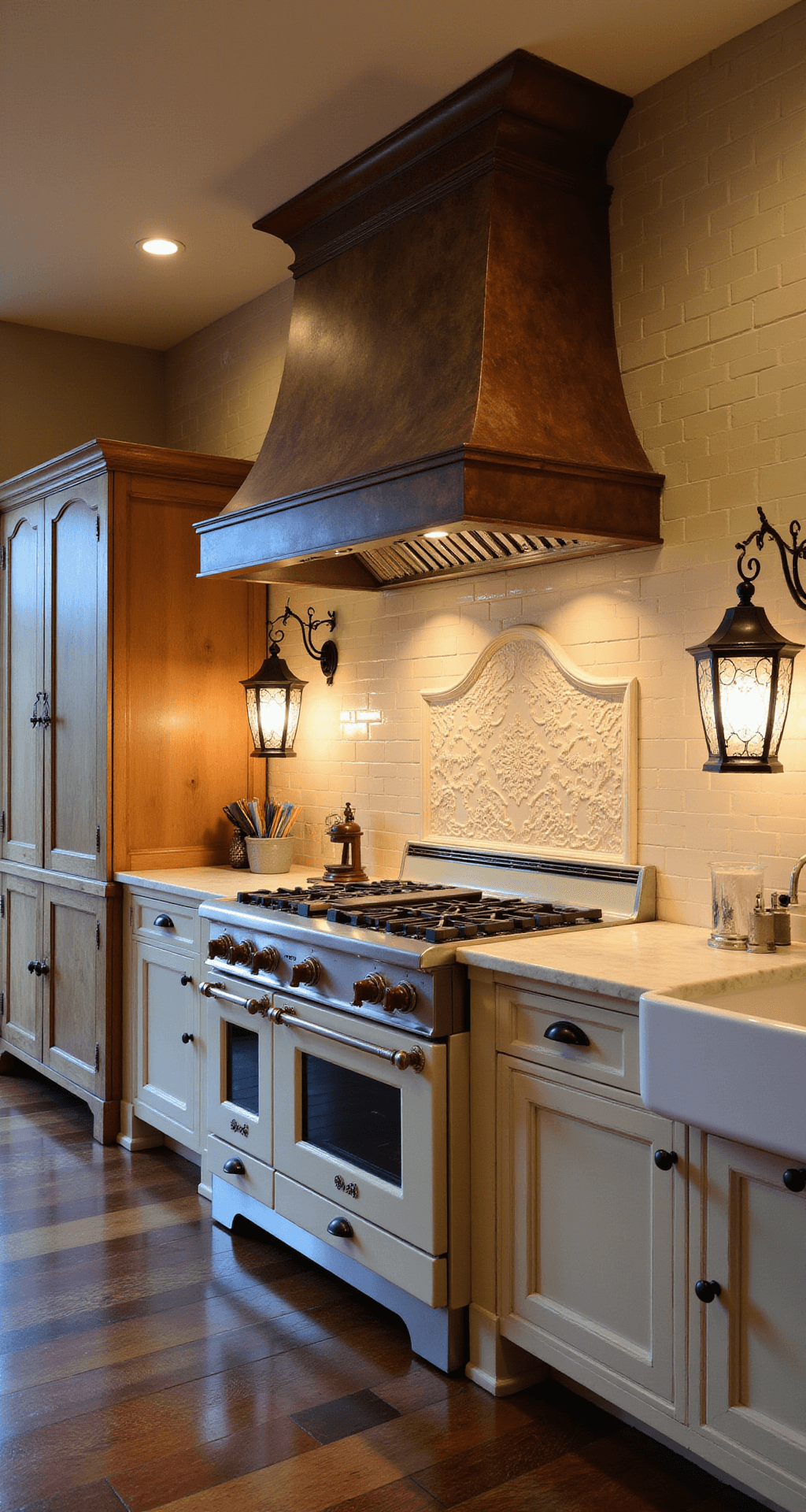A twilight kitchen scene featuring a patinated copper range hood above a cream La Cornue stove, with butter cream handmade subway tiles extending to the ceiling. An antique pine armoire converted for pantry storage stands beside a carved limestone sink. Iron lanterns emit a warm glow on marble counters. The scene is viewed from a corner angle, capturing the mélange of warm artificial and cool evening light, highlighting the space's depth and texture.