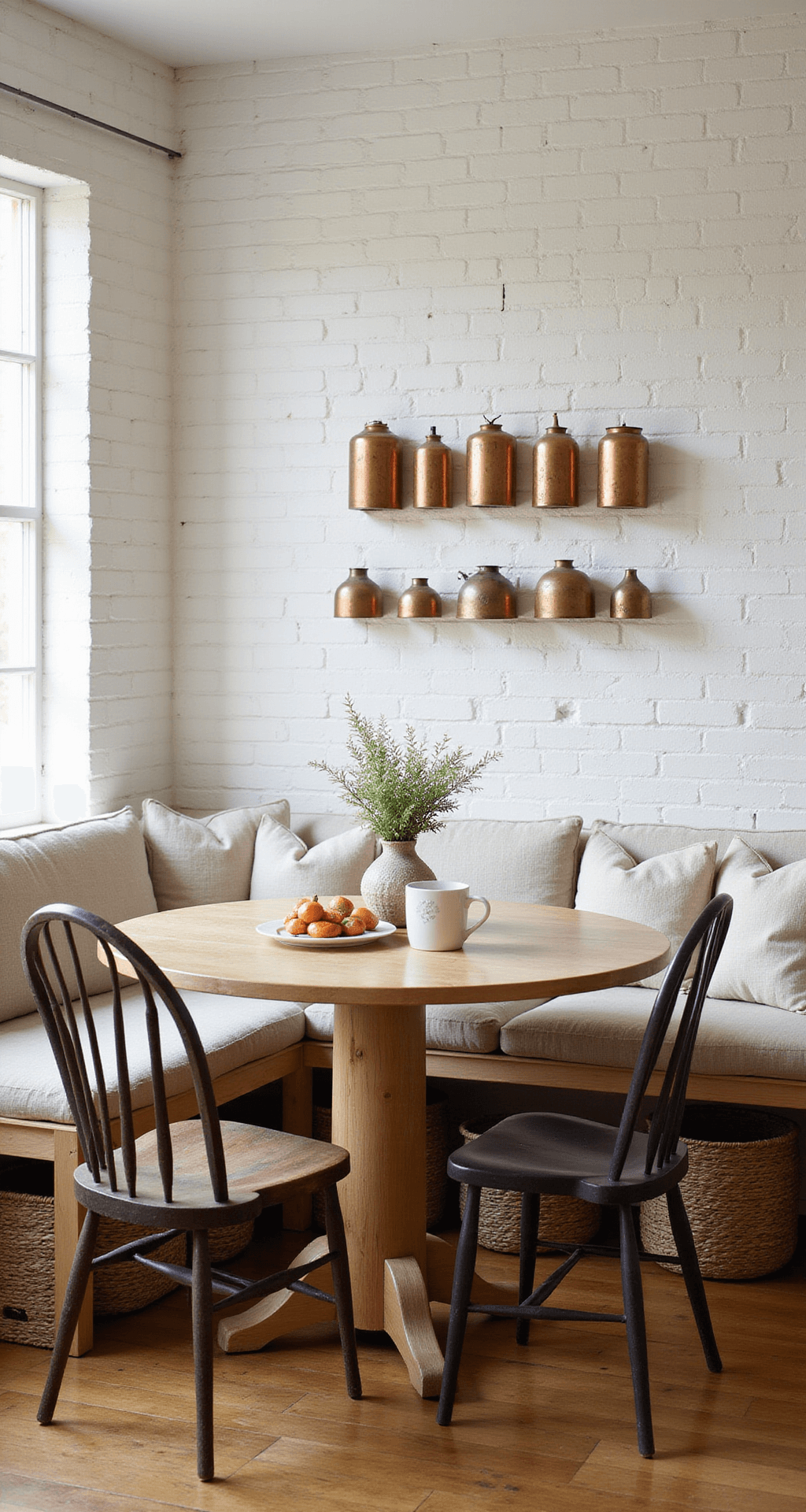 Intimate breakfast nook with natural linen banquette, vintage pillows, bleached oak round table, mismatched bistro chairs, whitewashed brick wall with copper molds, under-seat baskets, in soft morning light.