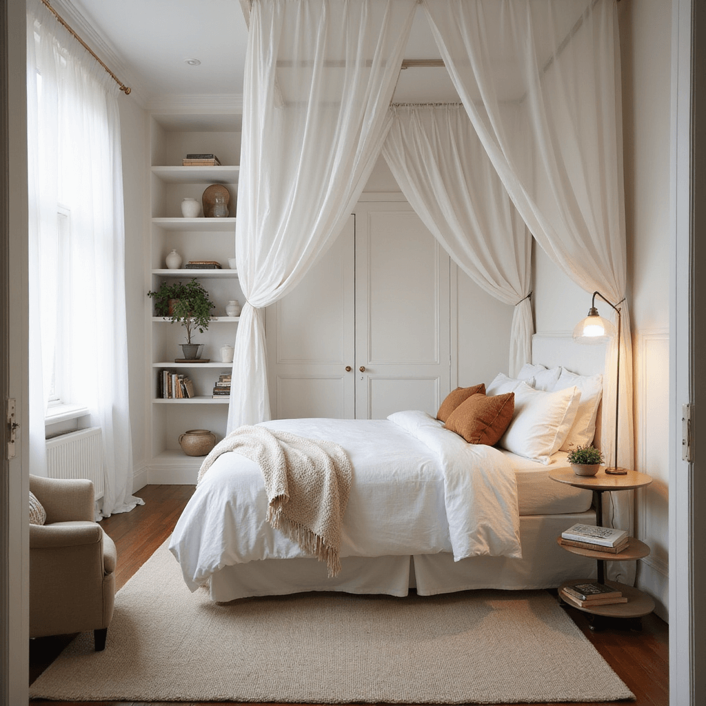 A serene bedroom with a dramatic white canopy bed, framed by built-in shelving, floating nightstands, and bathed in morning light through sheer curtains, featuring a brass floor lamp and upholstered armchair.