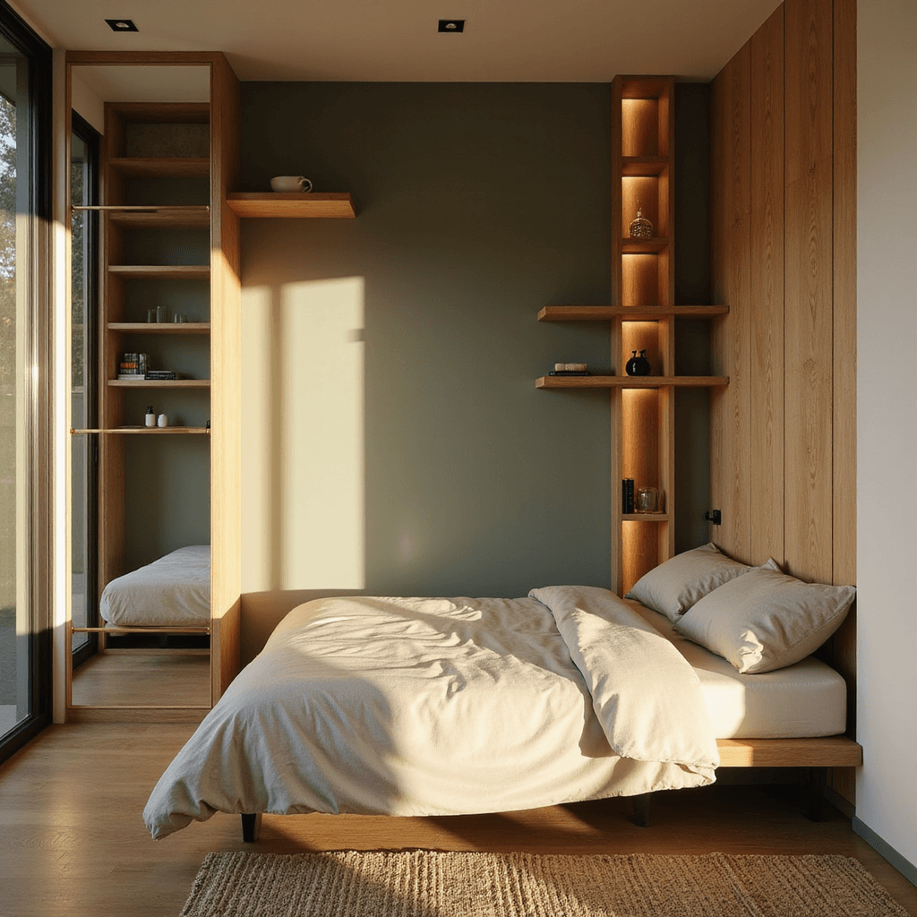 Intimate bedroom with sage green walls and a custom-built bed alcove featuring warm LED lighting. Floating wooden shelves climb the wall, and a brass-framed mirror reflects sunset light. Scandinavian furniture in light oak enhances the contemporary, calm mood.