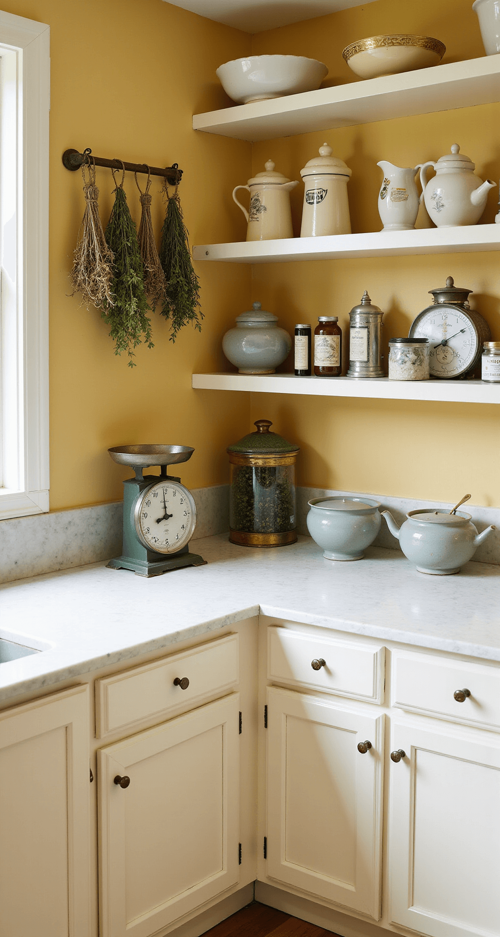 A corner baking station in a 14x16ft kitchen with a marble-topped prep table, floating shelves with vintage mixing bowls and canisters, pale mustard yellow walls, cream cabinetry, an antique scale, pottery collection, hanging dried herbs, and soft side lighting.