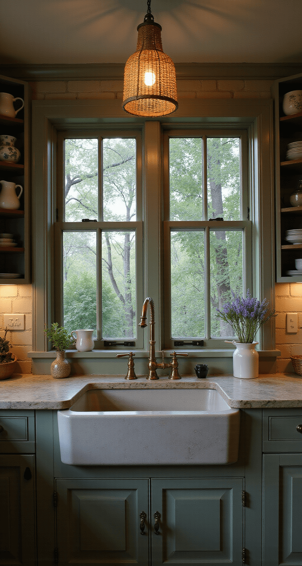 A cozy evening kitchen scene centered on a large limestone farmhouse sink with aged brass faucet, below mullioned windows, surrounded by sage green cabinets and open shelving with ironstone and earthenware; illuminated by woven pendant lights for a moody atmosphere.