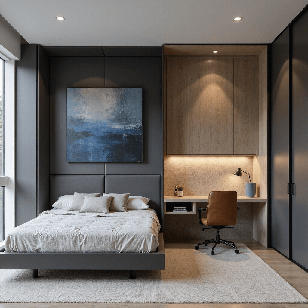 A multifunctional bedroom with a closed matte charcoal Murphy bed displaying abstract art, a compact workspace with a floating bleached oak desk and cognac leather chair, textured grasscloth wallpaper, high-end storage, all in even, diffused lighting. Mood: professional, versatile, refined.