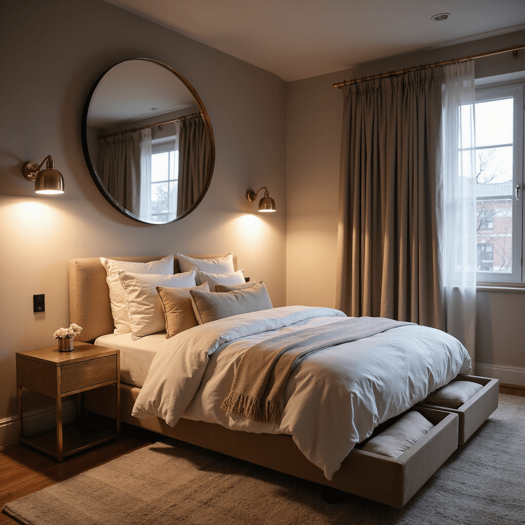 A cozy 9x11ft bedroom at dusk, warmly lit by wall sconces. A platform bed with ivory and blush linens features storage drawers. An oversized round mirror reflects light above, with slim brass side tables beside the bed. The camera captures a diagonal view, showcasing the intimate and luxurious atmosphere.