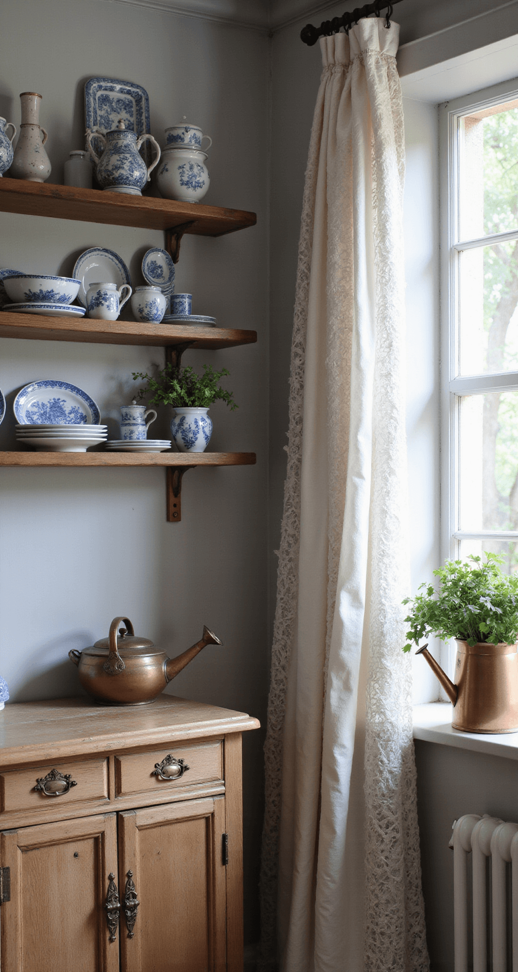 A French cottage kitchen with a weathered oak buffet, ornate brass hardware, textured plaster walls in dove gray, reclaimed wood shelves with vintage blue and white ceramics, a copper watering can by a mullioned window with lace curtains, and morning light filtering in.