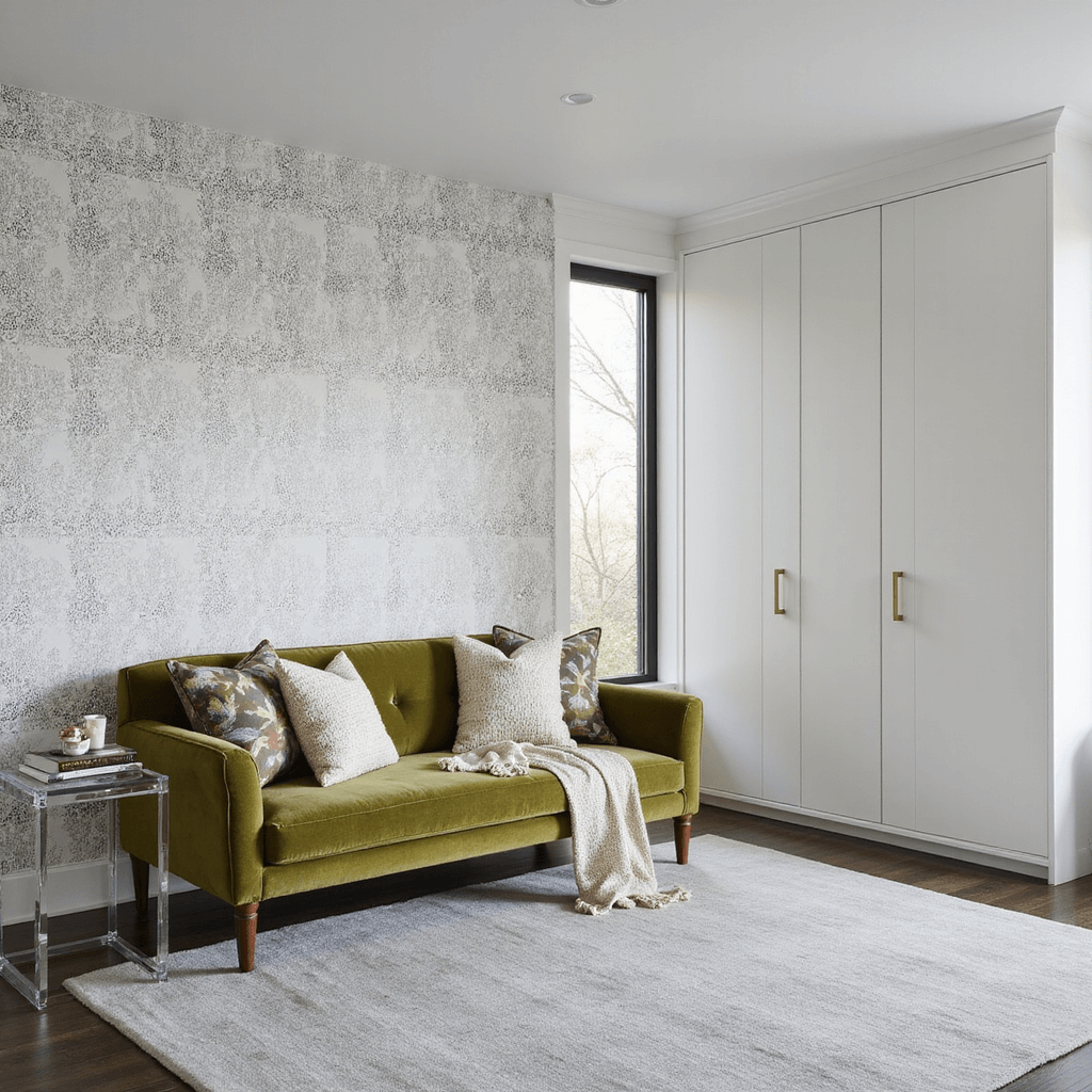 A bright bedroom with geometric gray and white wallpaper, olive green velvet daybed with mixed-pattern pillows, lucite side table, white built-in wardrobe, and morning light.
