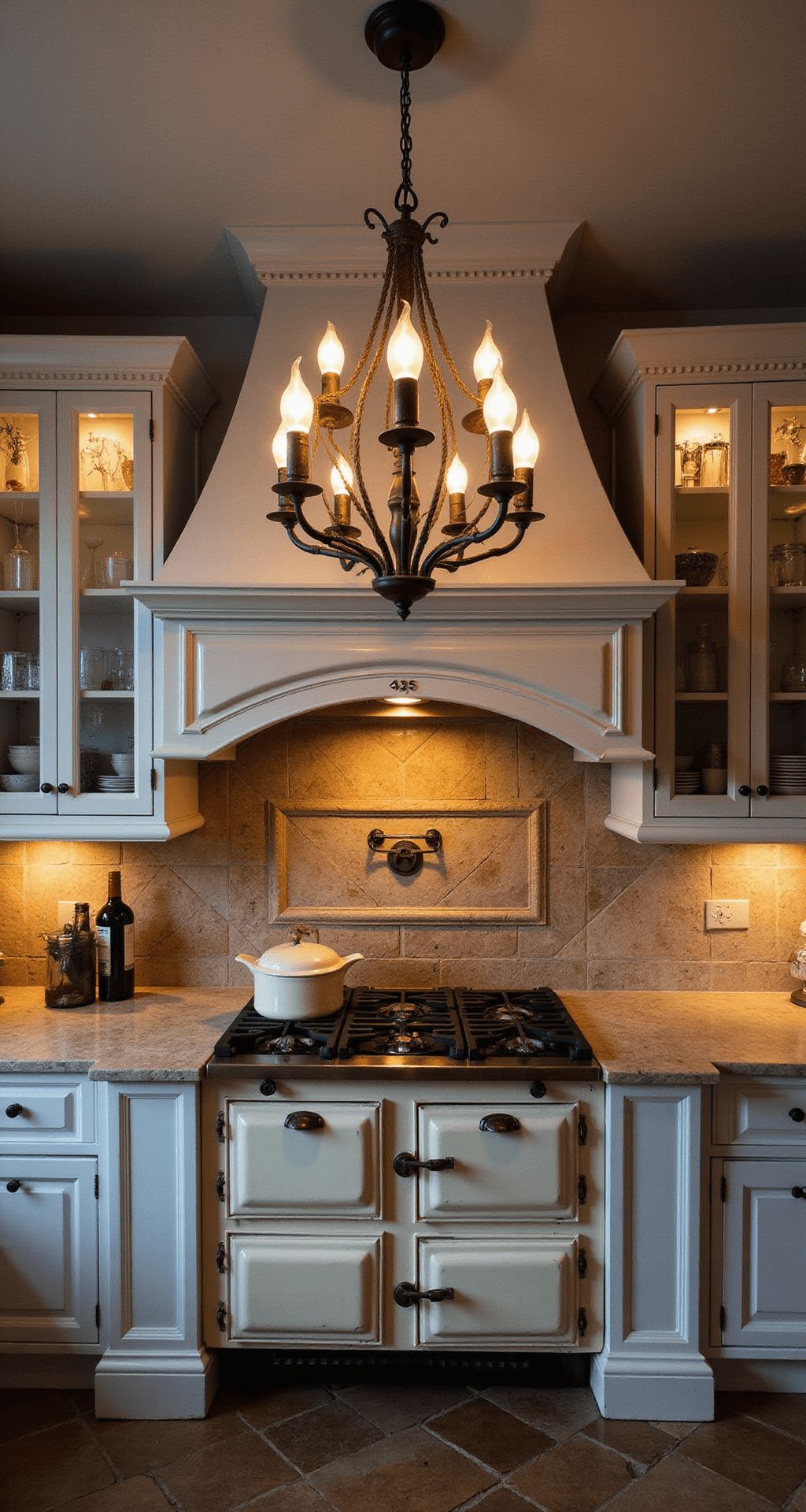 Overhead view of a French cottage kitchen at dusk with an illuminated chandelier and a cream AGA range, surrounded by white cabinets and rustic elements.