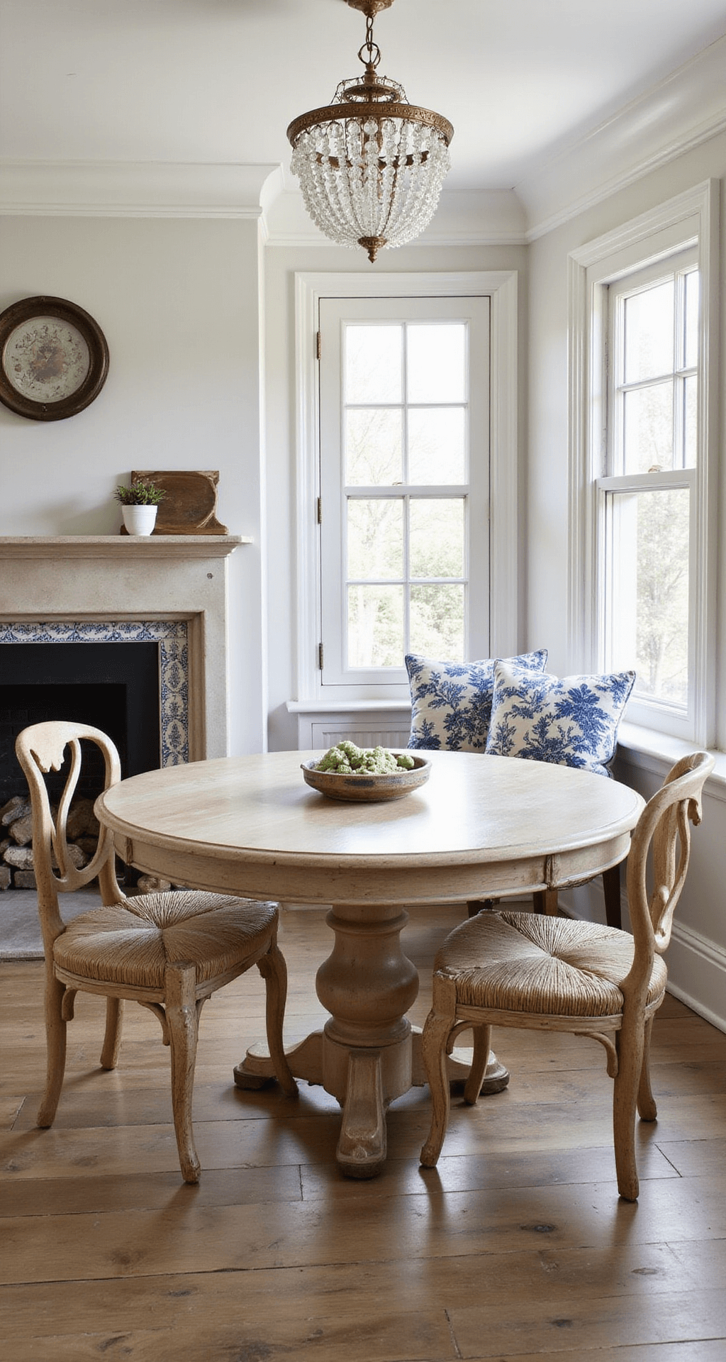 A cozy French cottage kitchen with a round bleached oak table, rush-seated chairs, a vintage crystal chandelier, blue and cream toile cushions, and delft tile details surrounding a limestone fireplace.