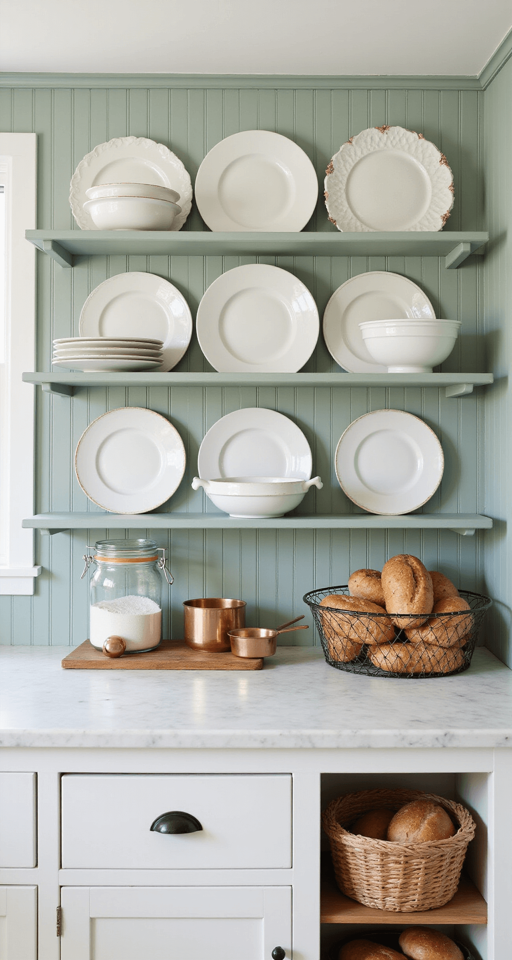 A French cottage kitchen's baking station with a marble-topped prep area featuring vintage ceramic canisters of flour, copper measuring cups, and earthenware mixing bowls. A custom plate rack above displays white ironstone platters against sage green beadboard. A wire basket holds fresh baguettes, all captured in bright natural light.