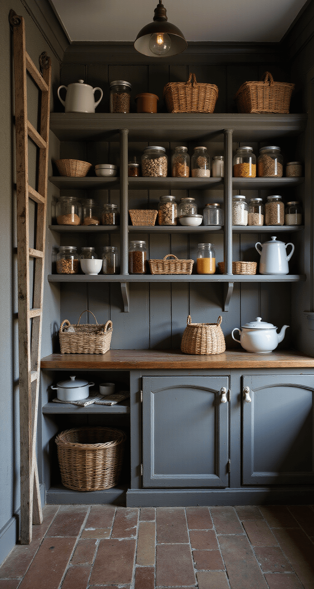 A moody evening scene in a French cottage kitchen pantry with gray open shelving featuring preserving jars, baskets, and vintage enamelware, lit by a vintage pendant lamp.