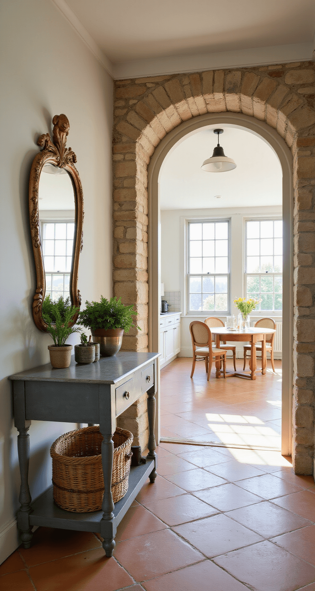 Arched stone doorway of a French cottage kitchen at breakfast time, revealing a vintage zinc-topped console table with a market basket and potted herbs, a gilded mirror reflecting morning light, and terracotta tiles leading the eye into the bright, welcoming space.