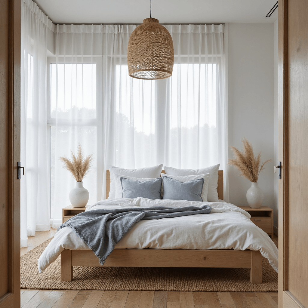 A peaceful Zen master bedroom with a low-profile platform bed, white and gray bedding, pale blue pillows, and natural elements like a jute rug and rattan pendant light, bathed in soft morning light from floor-to-ceiling windows.