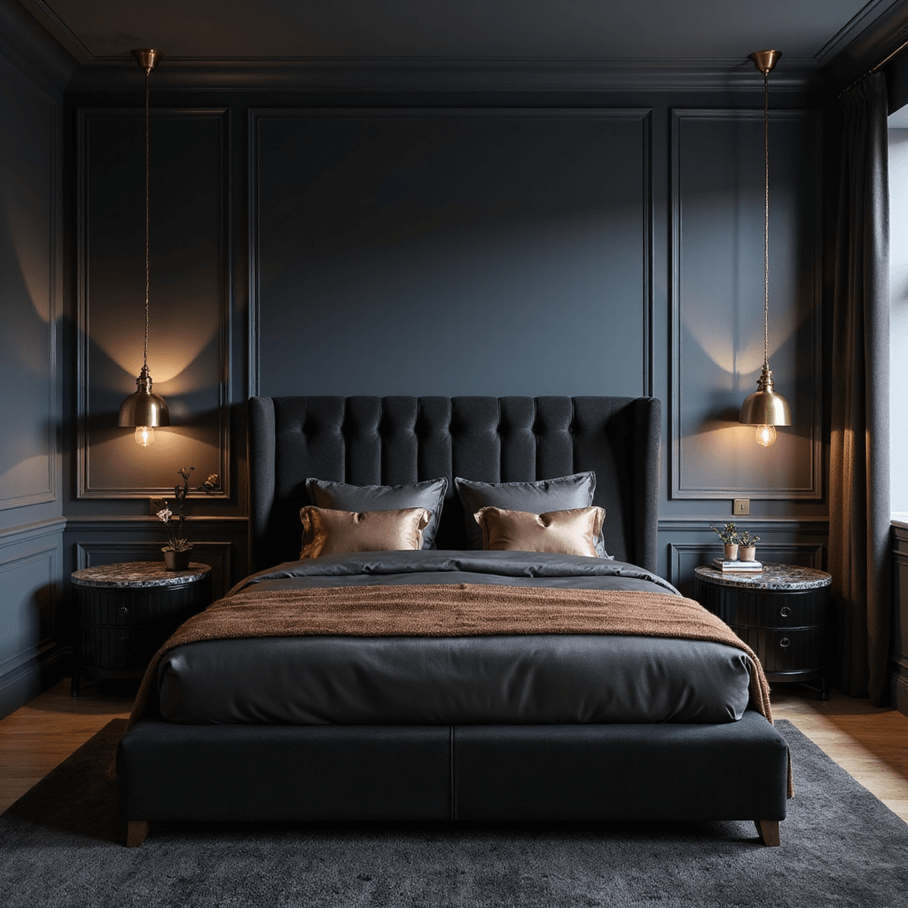 A luxurious boutique-style bedroom at dusk with deep navy walls and metallic sheen, featuring a king-sized bed with a charcoal velvet headboard, silk bedding in pewter and bronze, brass pendant lights, black lacquered nightstands with marble tops, and a plush charcoal carpet, creating a sophisticated and cocooning atmosphere.