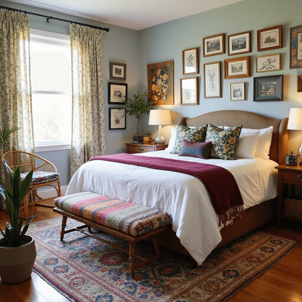 A vibrant and eclectic bedroom with vintage botanical curtains and a queen bed featuring jewel-toned pillows. A gallery wall, Moroccan rug, rattan chair, and potted monstera add personality and warmth.