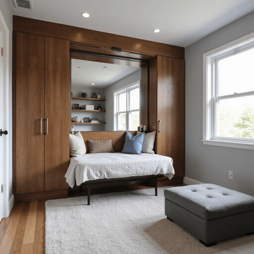 Small, multifunctional bedroom with walnut Murphy bed, built-in storage, desk, mirrors, and modular ottoman, bathed in natural light.