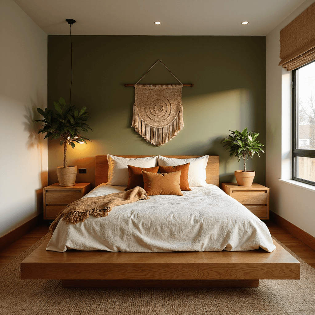 A cozy and harmonious 16x16ft bedroom at golden hour, featuring an olive green accent wall behind a platform bed with oak nightstands. Cream bedding with rust and terracotta pillows, a handwoven wall hanging, a potted fiddle leaf fig, and natural fiber roman shades filtering warm light complete the organic ambiance.