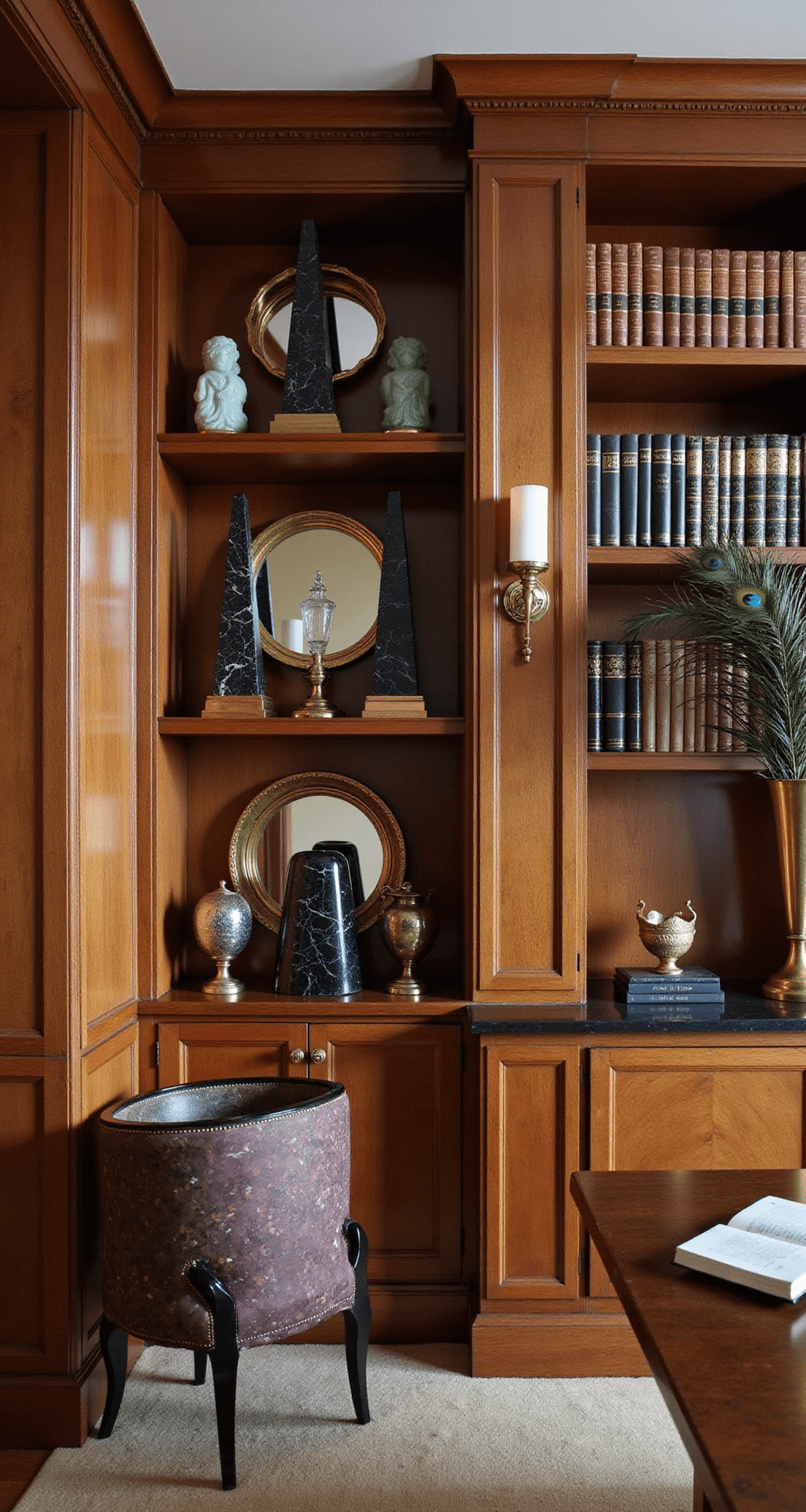 Art Deco style bookcase in luxury penthouse study with walnut and brass shelving, leather-bound books, jade bookends, crystal decanters, mirrors, obelisks, sculptures, and peacock feathers in dim, sconce lighting.