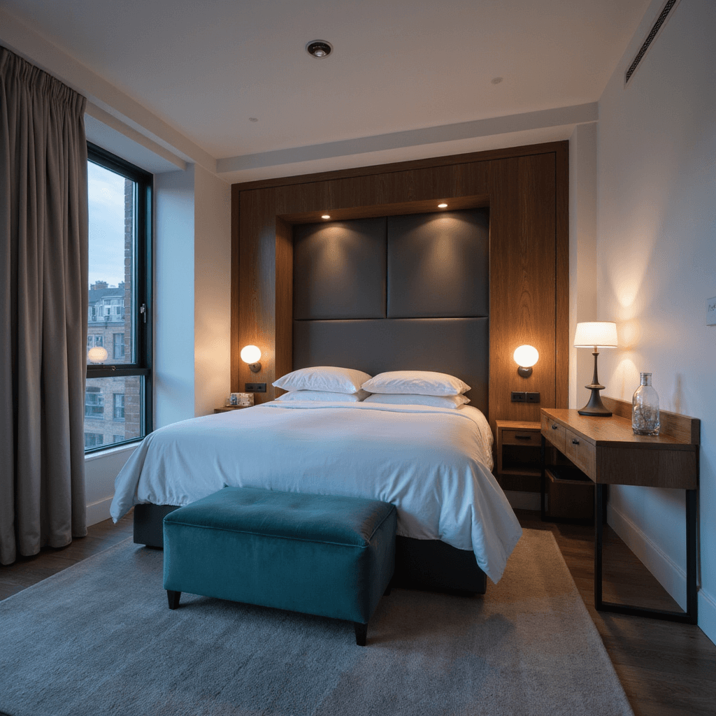 Compact and luxurious 8x10ft guest suite at blue hour, featuring a matte charcoal Murphy bed with white linens, built-in sconces, velvet teal ottoman, creamy white walls, and a walnut fold-down desk.