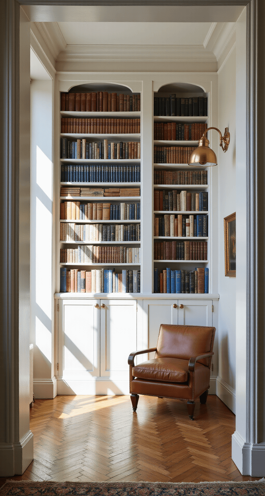 Transform Your Space: The Ultimate Guide to Creating a Stunning Bookcase Wall Sunlit living room with built-in bookcase, arranged books by color, cognac leather chair, brass lamp, vintage rug, and herringbone floors.