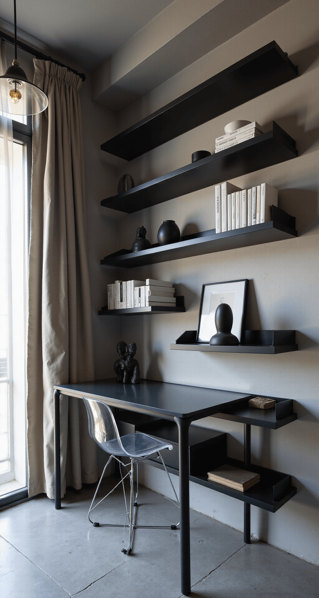 Modern minimalist home office with floating black metal shelves on concrete wall, asymmetrically arranged books and sculptures, glass desk and ghost chair, illuminated by late afternoon sun through linen curtains.