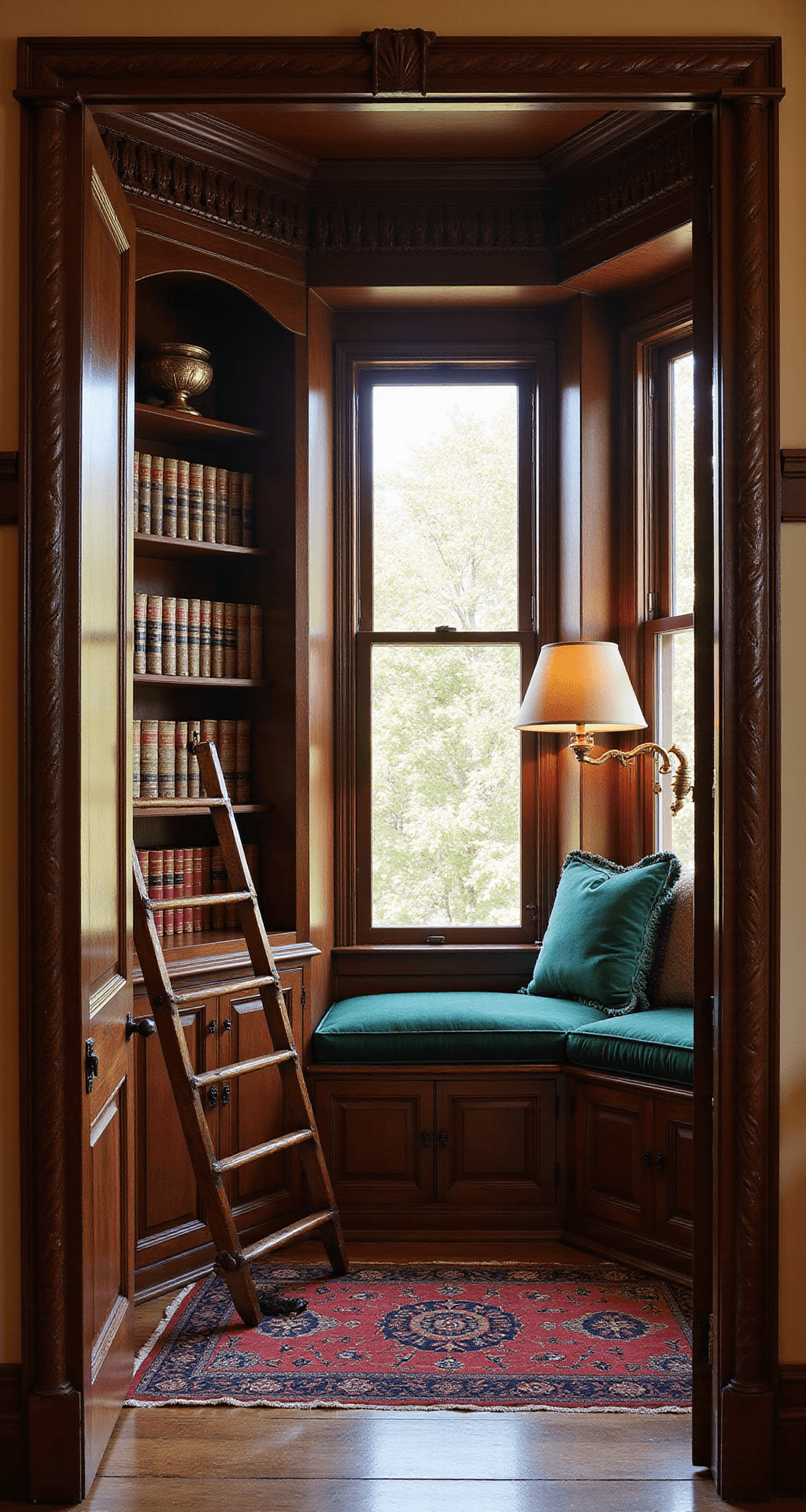 A luxurious Victorian library nook with dark walnut bookcases, velvet emerald green window seat, and an antique brass library ladder, elegantly illuminated by golden hour light through bay windows, featuring rich architectural details and a vintage table lamp.