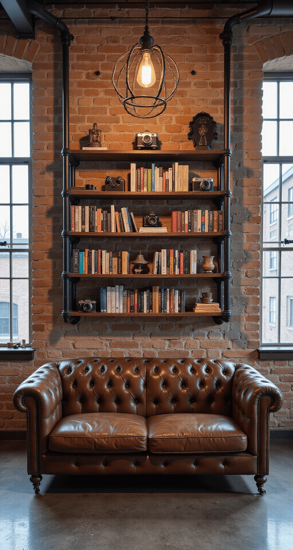 Industrial loft with exposed brick wall, black pipe and reclaimed wood shelves, vintage cameras, distressed leather Chesterfield sofa, Edison bulb chandelier, and large factory windows casting shadows.