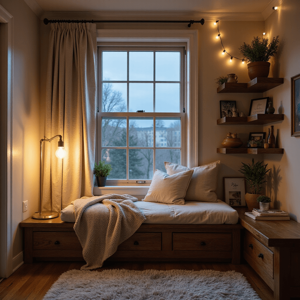 A cozy reading nook in an intimate 12x12ft bedroom corner at dusk, featuring an oversized window with an ivory-cushioned seat lit by a dim brass floor lamp. An oatmeal-toned woven throw drapes casually, while floating wood shelves hold curated pottery and personal photos. A soft grey faux fur rug lies beneath, with cozy ambient lighting enhanced by string lights. The image is shot from a low angle with a 35mm lens, capturing the warm, inviting atmosphere.