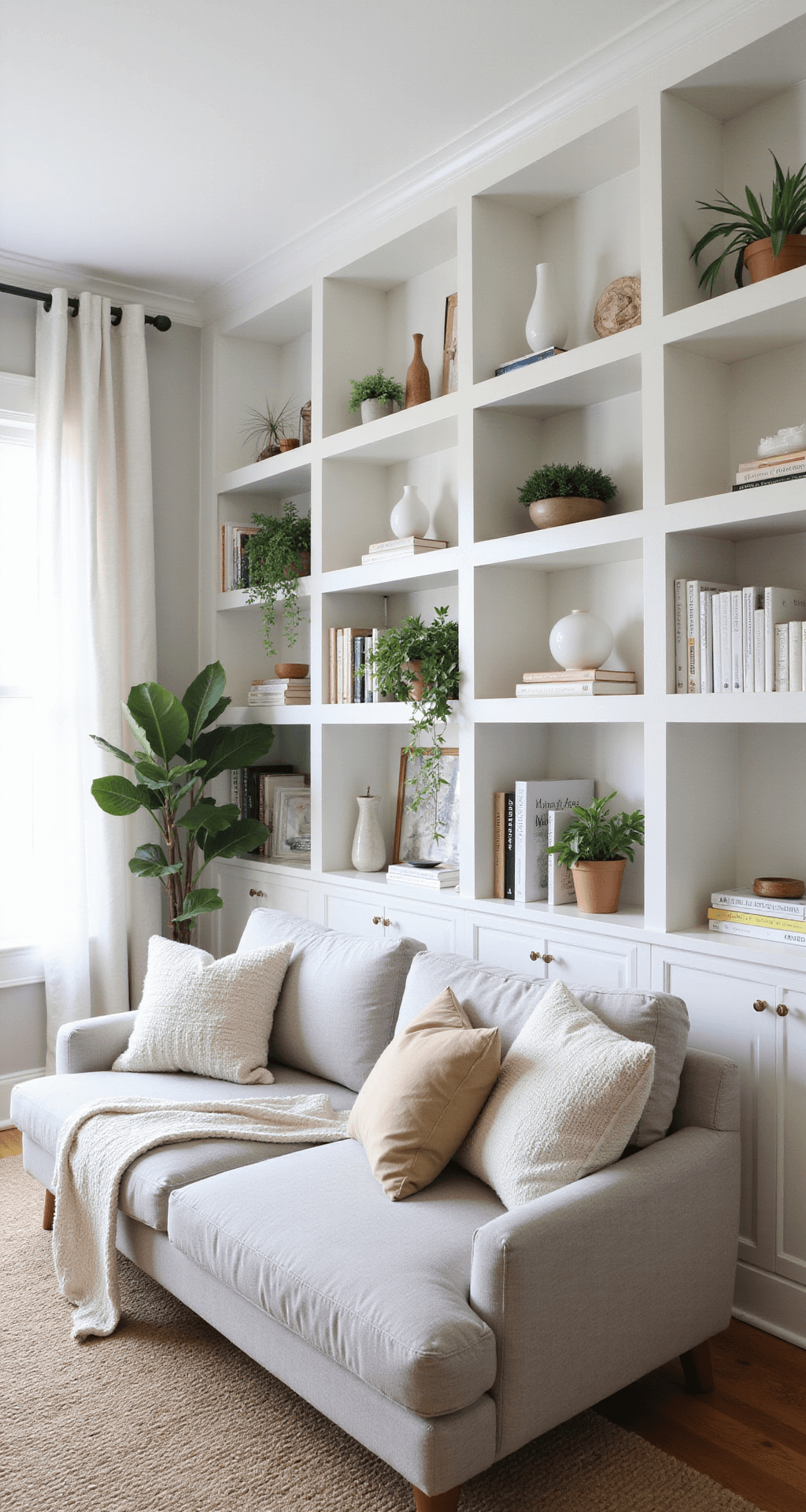 Scandinavian-inspired family room with built-in white bookcases, light gray sectional, jute rug, and minimalist decor in pale wood tones and green plants.