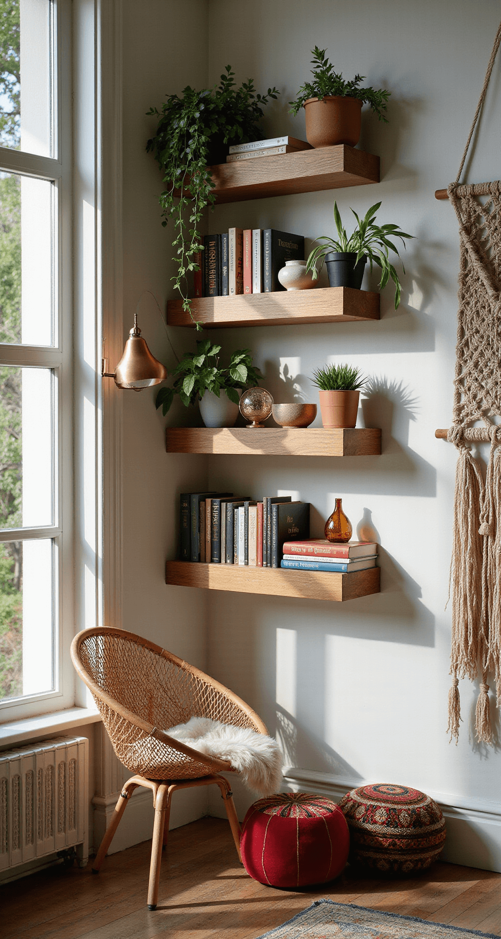 Eclectic bohemian reading corner with floating shelves, trailing plants, global artifacts, rattan hanging chair, jewel-toned Moroccan poufs, and macramé wall hanging in plant-filtered light.