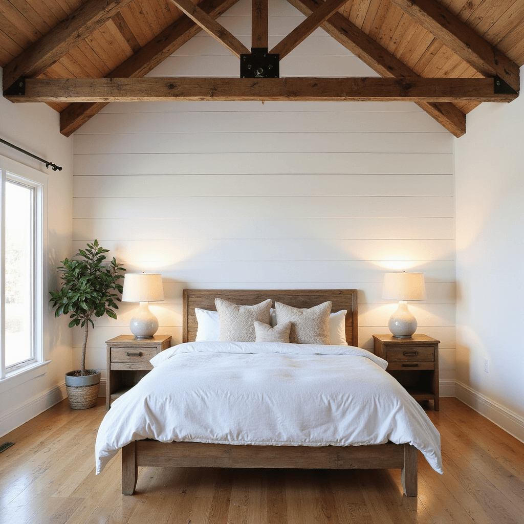 A modern farmhouse bedroom at sunrise with a vaulted ceiling, centered California king bed on a white shiplap wall, dressed in a cloud-white duvet and textured pillows. Reclaimed wood beams and honey oak flooring enhance the warm ambiance, complemented by matching nightstands and ceramic lamps. A potted fiddle leaf fig adds a natural touch in the corner, with dramatic shadows cast by morning light. Wide angle view captures full room layout, emphasizing architectural details.