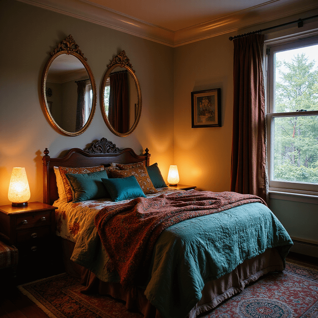 A cozy Bohemian bedroom at twilight with a queen bed adorned in jewel-toned textiles and vintage decor elements, softly lit by a Himalayan salt lamp.
