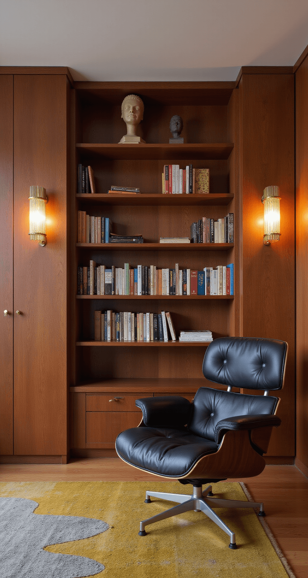 A mid-century modern den featuring floor-to-ceiling teak built-in shelving with an asymmetrical arrangement displaying a vintage book collection and modernist sculptures. Dramatic geometric brass sconces provide evening lighting. A classic Eames lounge chair in black leather is positioned for reading beside an abstract mustard and gray area rug, with accent lighting highlighting key display areas, emphasizing a refined and curated mood.