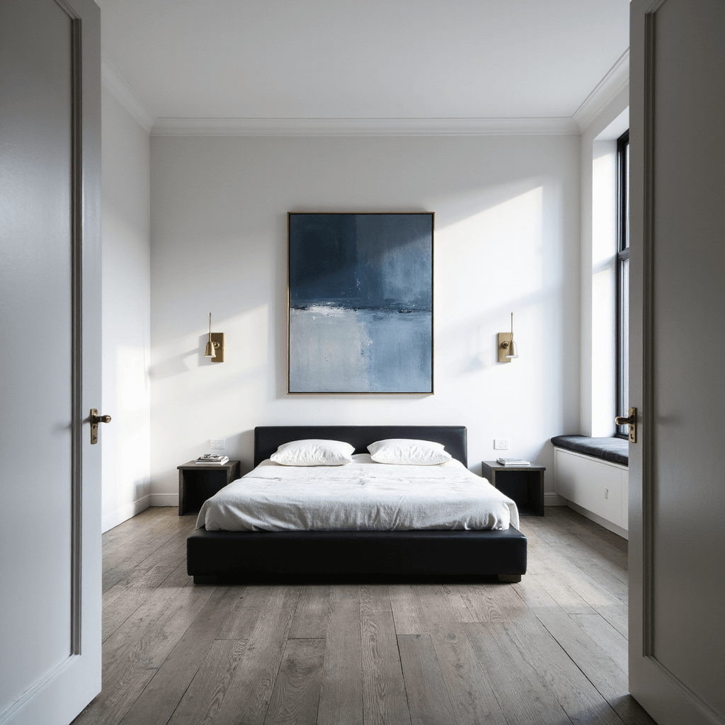 Modern minimalist bedroom with sunlight streaming through large windows, featuring a black platform bed, brass sconces, grey oak flooring, and a blue/grey abstract canvas above the bed.
