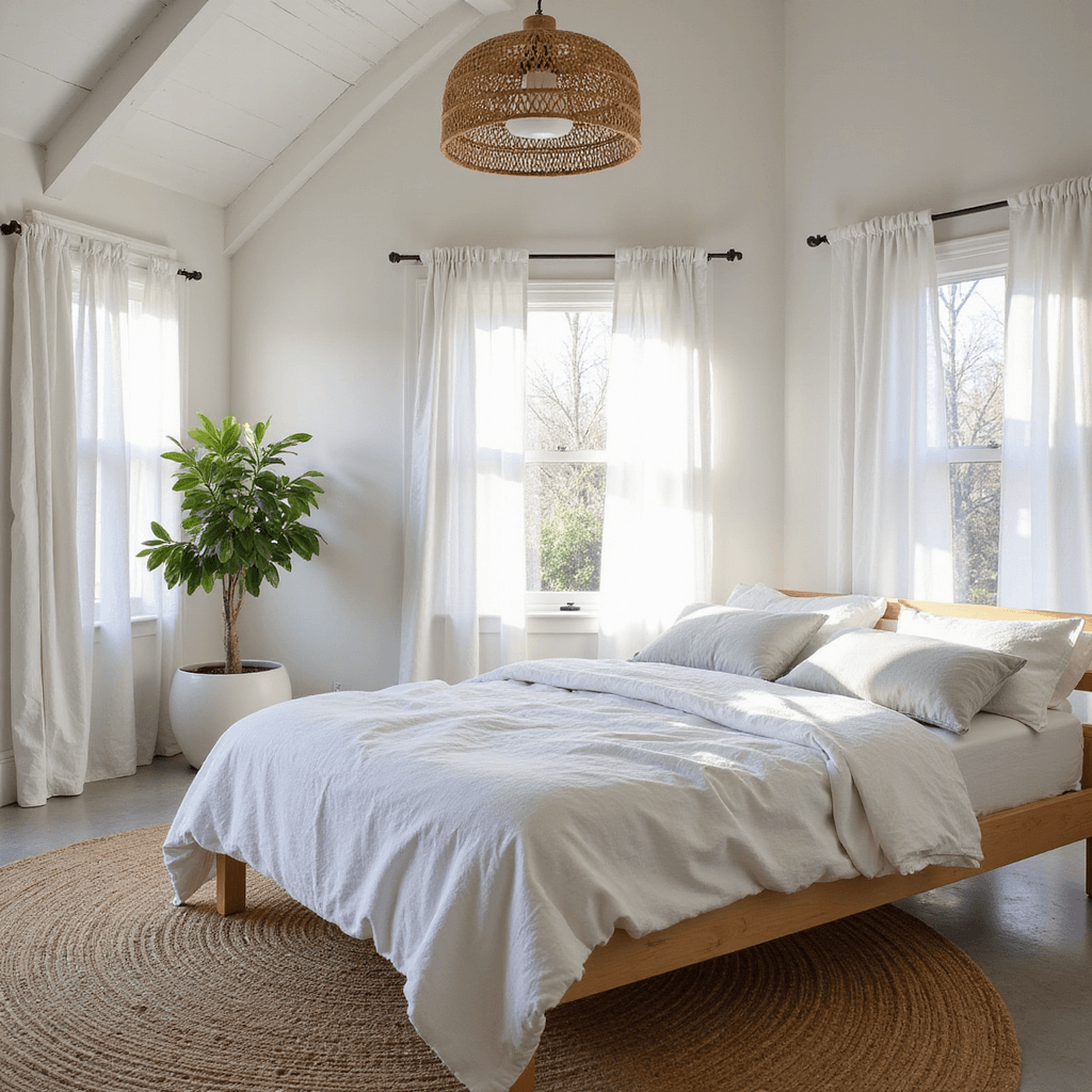 Bright Scandinavian bedroom with white pitched ceiling, exposed wood beams, and a jute rug anchoring a white oak bed. Fiddle leaf fig in a corner, with afternoon light filtering through linen curtains.