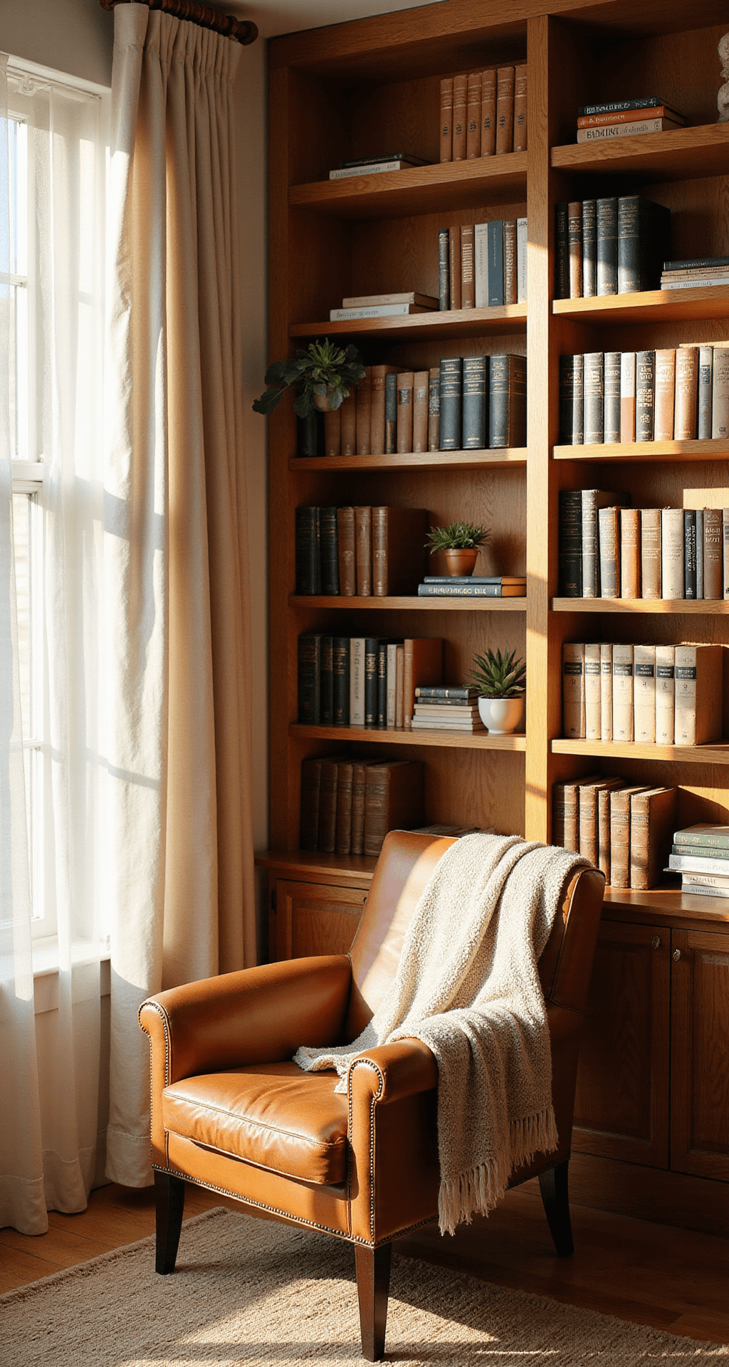 A sunlit home library corner with a white oak bookcase, warm light casting gentle shadows through linen curtains. Books arranged rhythmically with brass bookends and succulents. A cognac leather armchair with a knit throw sits invitingly.