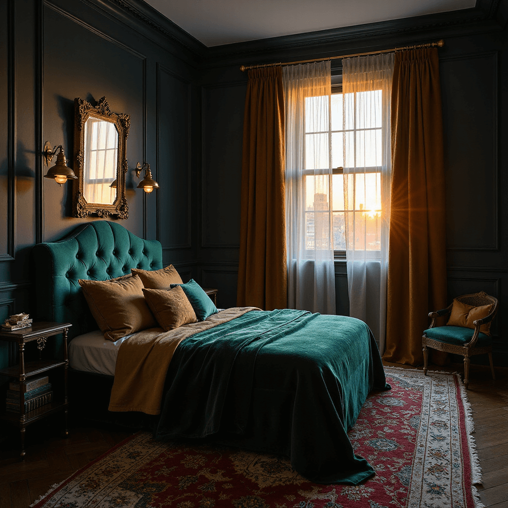 A luxurious, dark and dreamy boudoir with dramatic charcoal walls, crown molding, and golden hour light filtering through velvet drapes. The room features an emerald velvet channel-tufted headboard, brass vintage lamp sconces, and an antique mirror. The deep jewel tone palette includes emerald, navy, and gold, complemented by layered vintage rugs and silk pillows, all illuminated by a key light mimicking a sunset glow.
