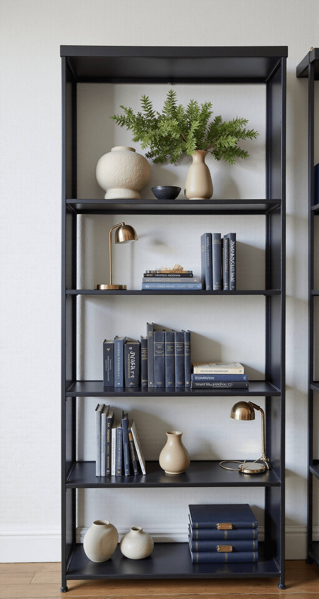 Alt text: A modern home office with a matte black metal bookcase against a textured white wall, featuring books with spines in an ombré from navy to gray, ceramic vessels, and preserved botanicals. A brass desk lamp provides highlight, with diffused natural and subtle artificial lighting, shot from an upward angle.