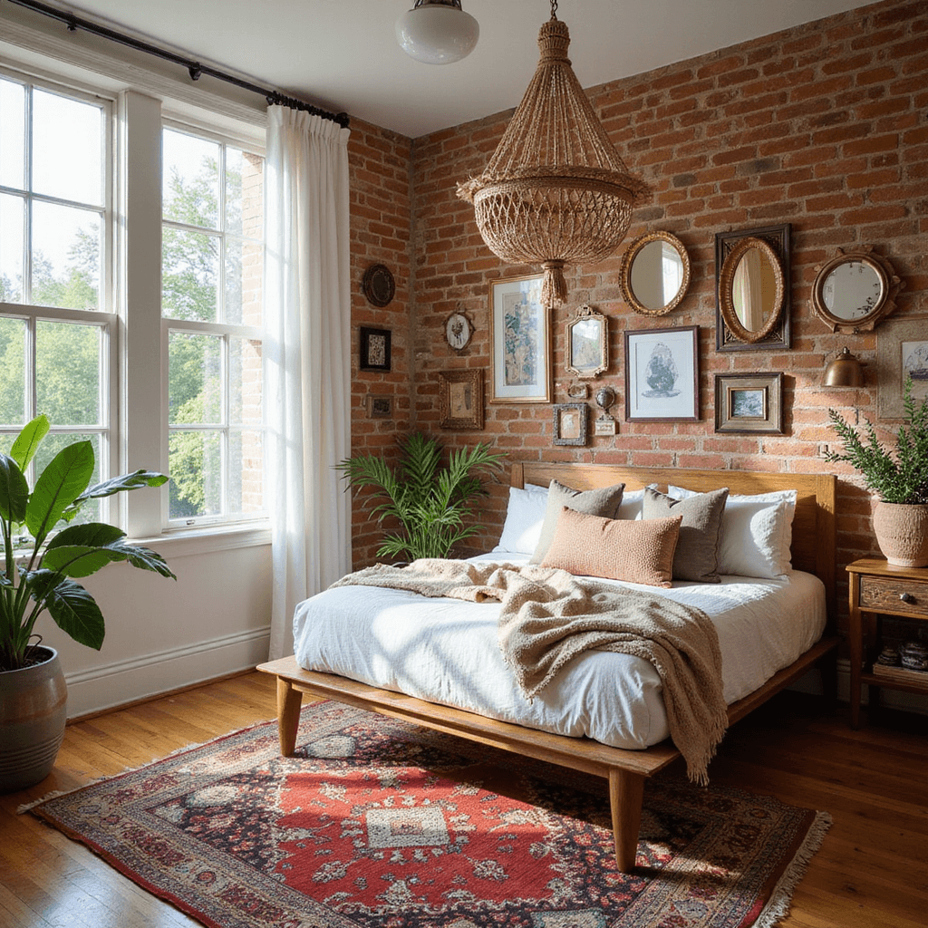 A sunlit, bohemian-style bedroom featuring a corner space with an exposed brick wall, low wooden platform bed beneath a floating macramé canopy, layered vintage Moroccan rugs on hardwood floors, an eclectic gallery wall of frames and woven pieces, earth tones with jewel accents, trailing plants, brass mirrors, and ceramic collections, all captured in a wide-angle view.