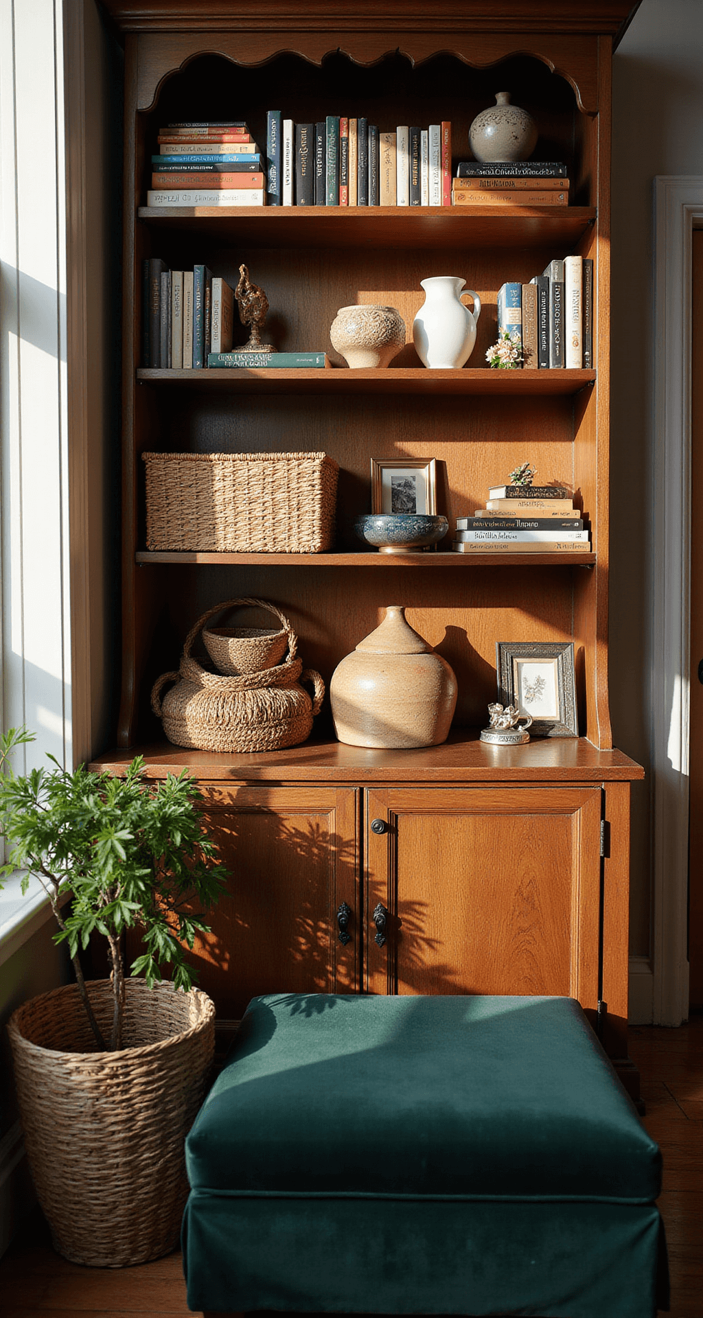 Eclectic reading nook with a vintage walnut bookcase, art books, pottery, travel mementos, and woven baskets. Forest green velvet ottoman sits amid late afternoon shadows.