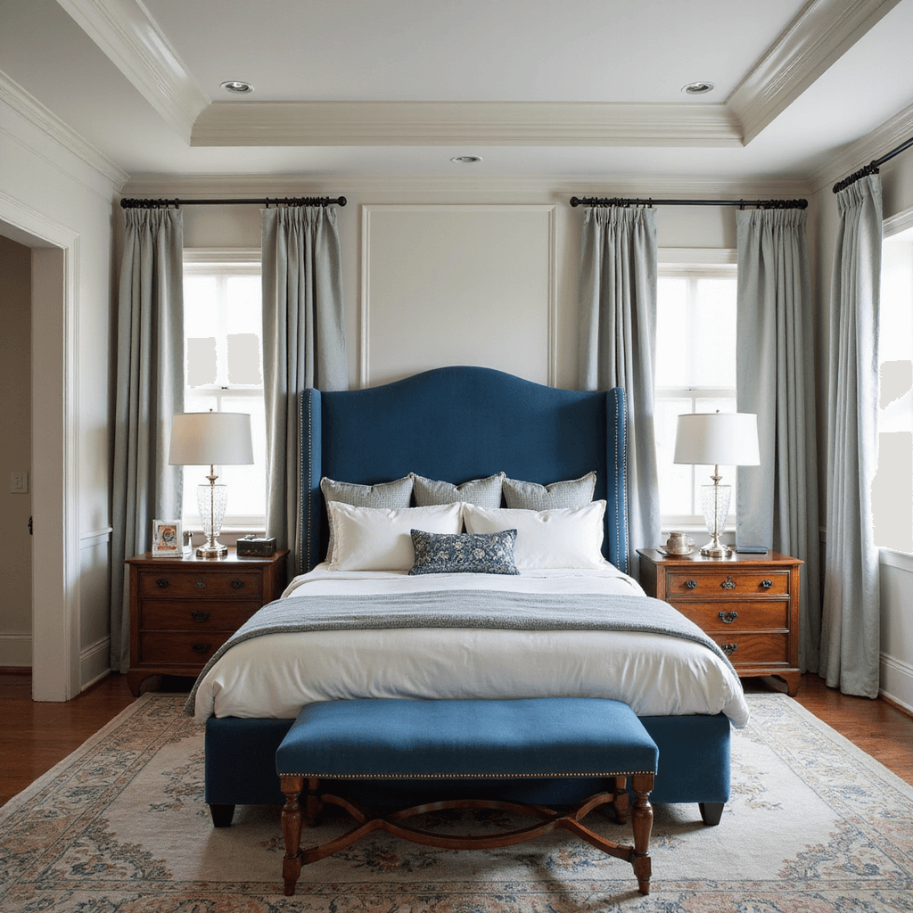 A traditional master bedroom with a 10ft tray ceiling and wainscoting, featuring a steel blue velvet wing-back headboard, matching bench, symmetrical mahogany nightstands with crystal lamps, and an Oriental rug, all bathed in morning light through silk drapes.
