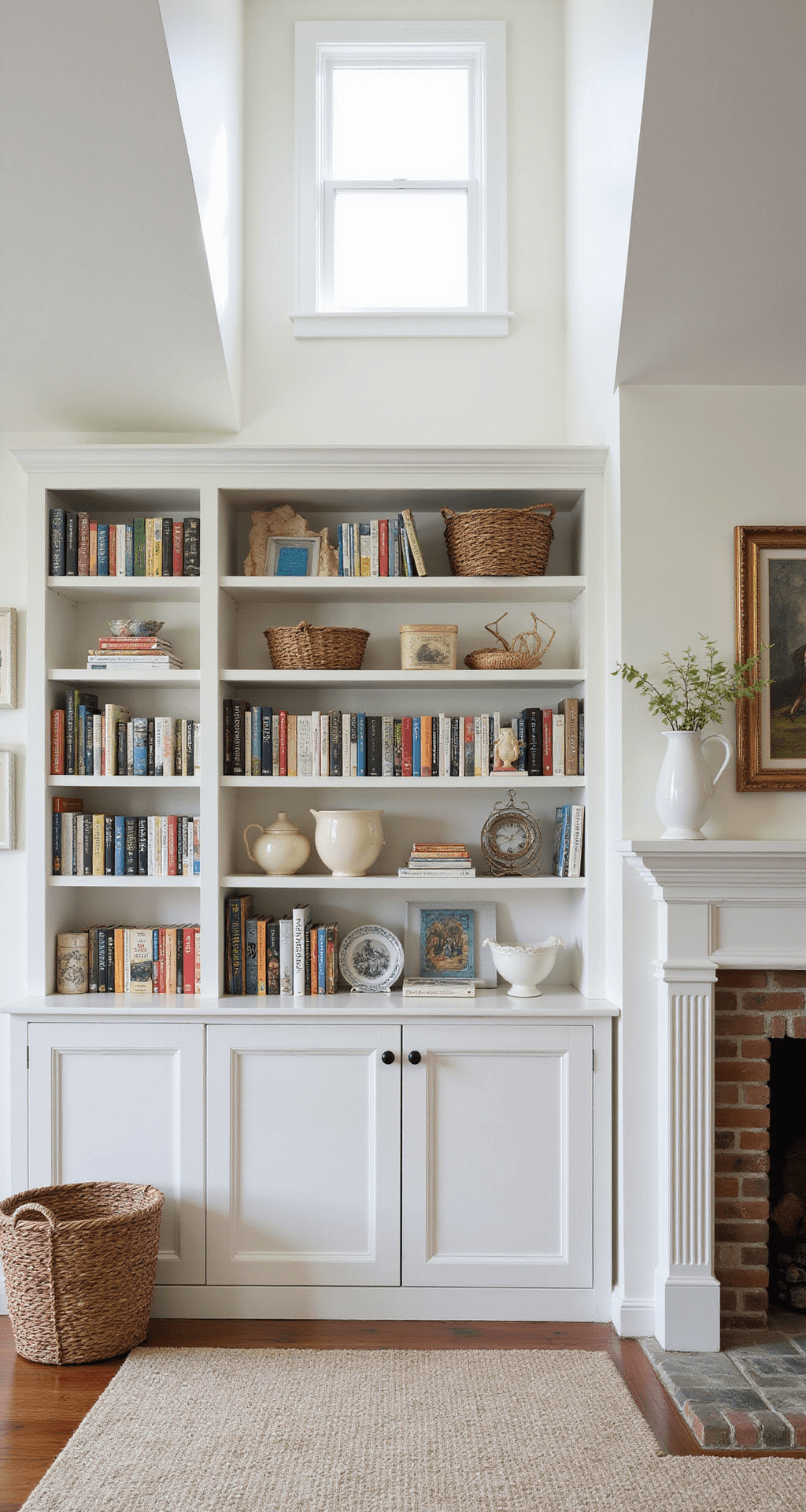 A bright, fresh farmhouse family room with white built-in bookcases filled with books, antique pottery, and baskets, illuminated by morning skylight; children's books are displayed on lower shelves.