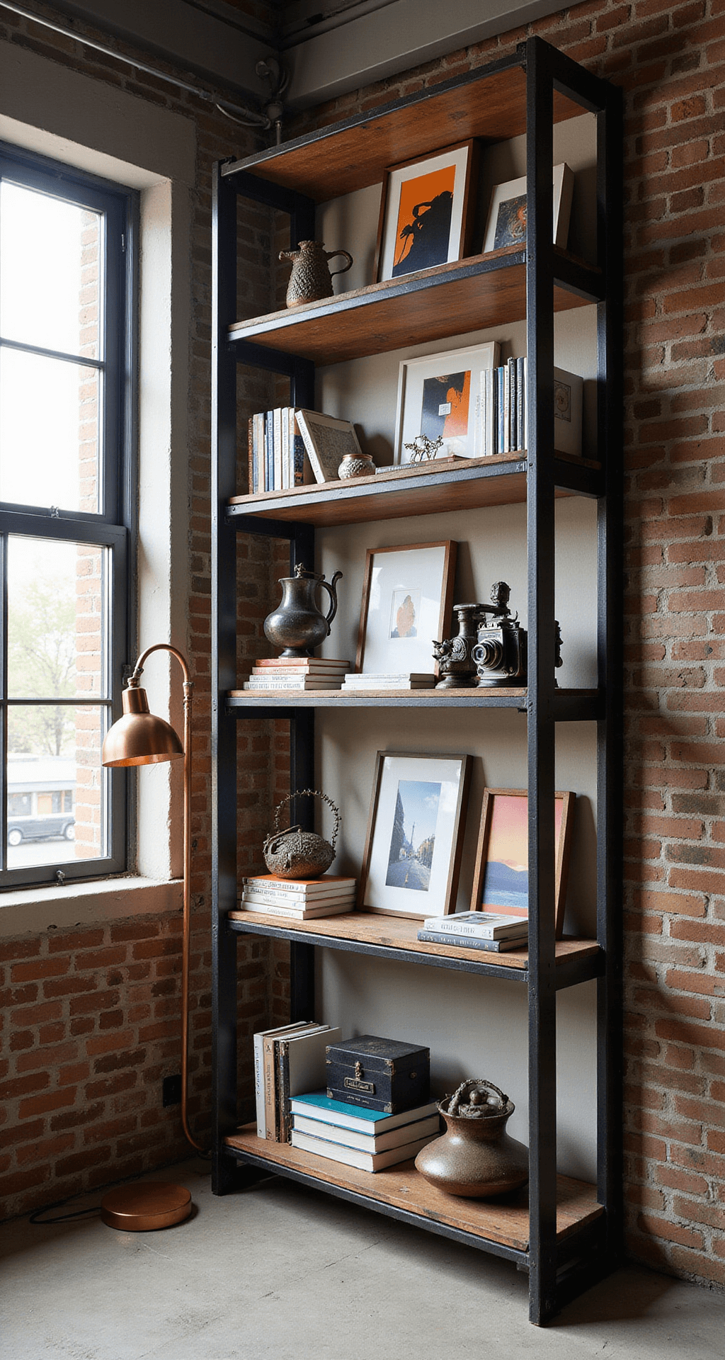 An industrial-style loft with a 15-foot bookcase of raw steel and reclaimed wood, featuring photography and art books, vintage cameras, and metallic sculptures. Natural afternoon light filters through large factory windows. A copper floor lamp adds a warm accent, emanating urban sophistication and a collector's passion. Shot from a right angle to show the room's depth and texture.