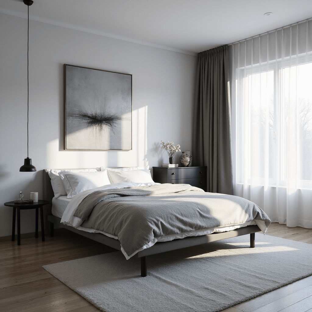 Modern minimalist grey bedroom with early morning light, featuring a low-profile platform bed with white linens, sleek black bedside tables, and a monochromatic abstract canvas. Natural light pours through sheer curtains, casting soft shadows on dove grey walls in a room with 9ft ceilings.