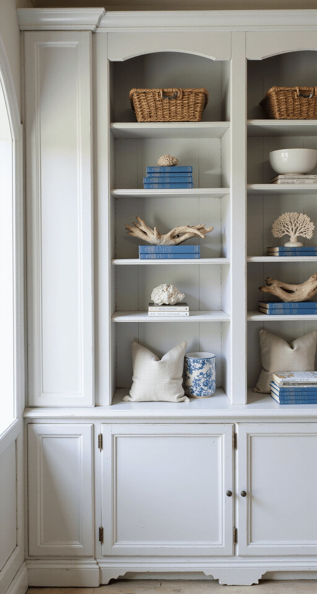 A serene coastal-inspired sitting room featuring a white-washed wooden bookcase adorned with blue-spine books, coral specimens, sea glass collections, and weathered driftwood. Natural fiber rope details and capiz shell accents enhance the maritime texture. Soft early morning light creates an ethereal glow with a cool white balance, capturing a tranquil beach house elegance.