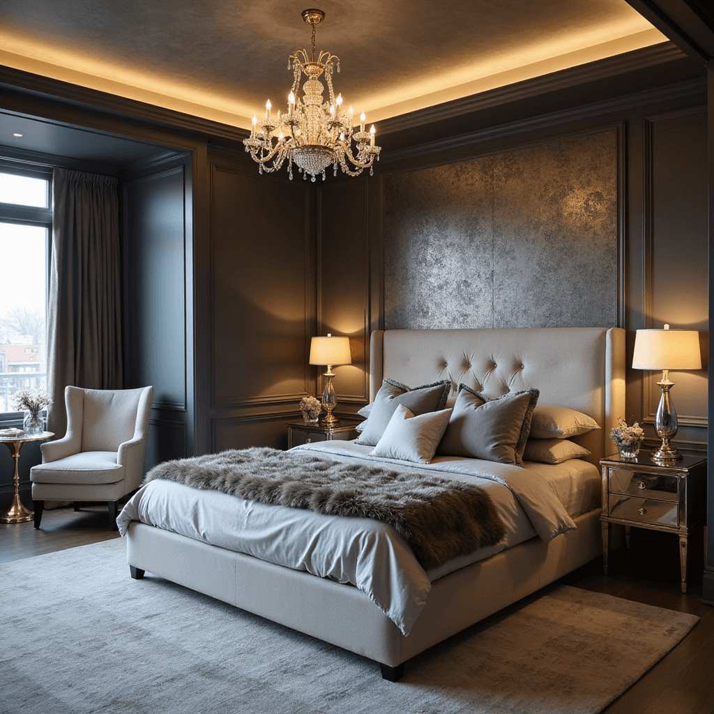 Glamorous grey master bedroom with tray ceiling and deep charcoal grey walls, featuring a king-sized bed with champagne velvet headboard and silver silk bedding, illuminated by a crystal chandelier and mercury glass lamps.