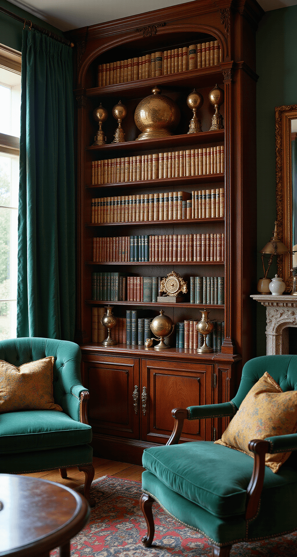 A lavish Victorian parlor with an antique mahogany bookcase filled with jewel-toned books, brass sculptures, vintage globes, and Chinese ginger jars, under warm evening lighting; emerald velvet curtains and mercury glass accessories add depth, shot from below eye level to emphasize height, creating an opulent collector's atmosphere.