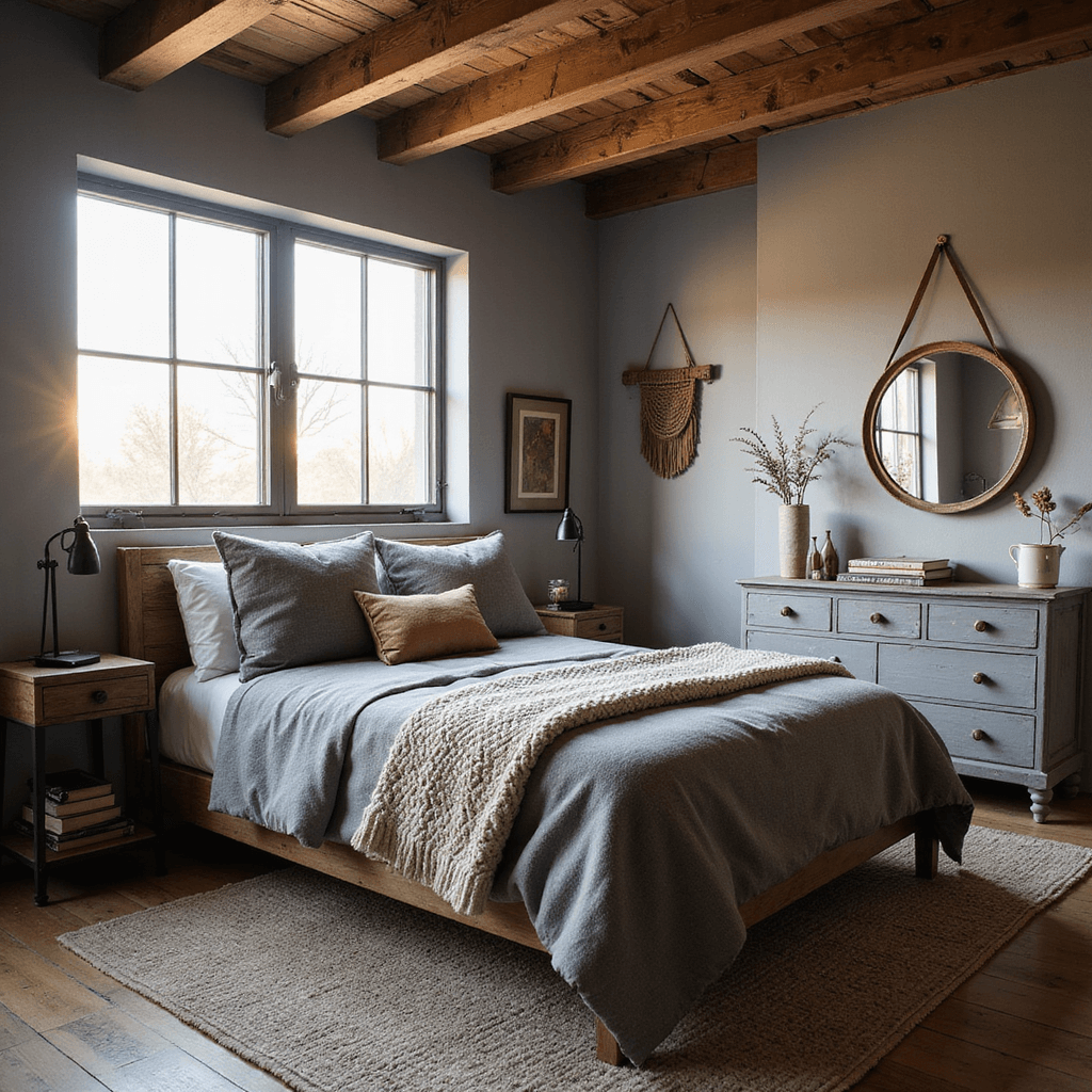 A cozy rustic modern grey bedroom featuring exposed wooden beams, warm grey plaster walls, and a reclaimed wood bed frame with grey wool bedding and vintage quilts. Industrial black sconces flank the weathered grey dresser and antique mirror. Chunky knit throws and a woven wall hanging enhance the warm atmosphere. The image, shot from the corner, highlights the ceiling height with golden hour lighting filtering through the windows, providing a collected feel with a film-like quality.
