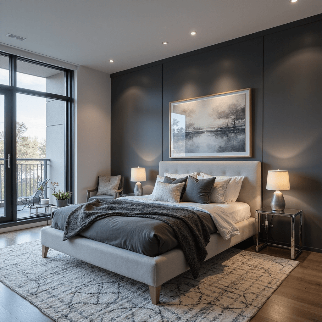 A contemporary grey primary suite at twilight with floor-to-ceiling windows, slate grey walls, and white trim. Features a modern light grey upholstered bed layered with charcoal and white bedding, chrome and glass accent furniture, large abstract art in greys and whites, and a geometric area rug. The photo captures a sophisticated urban apartment style with mixed natural and artificial lighting from a bed-level wide-angle perspective.