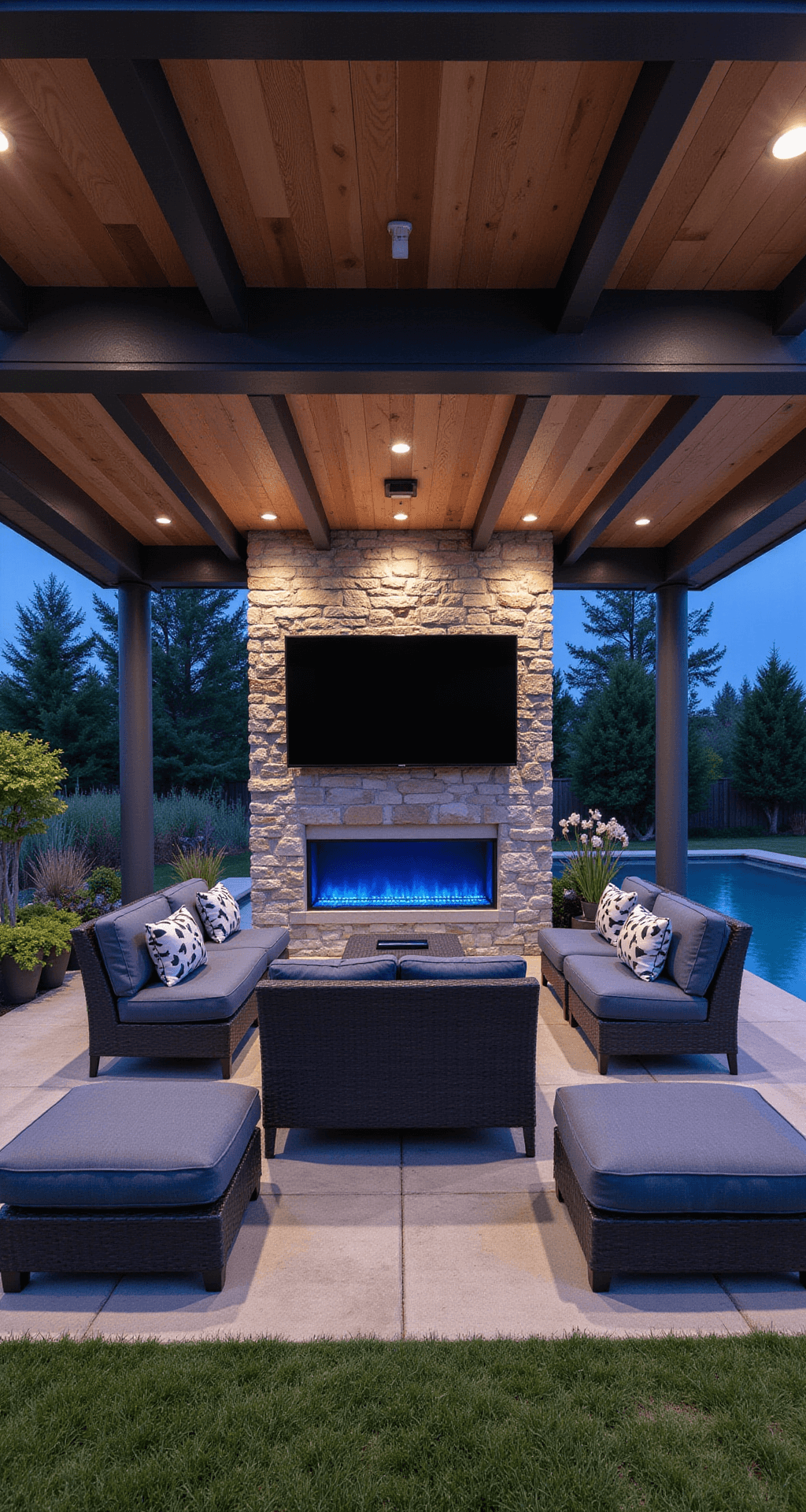 Tech-integrated outdoor living room at dusk with wooden beams, featuring a 65