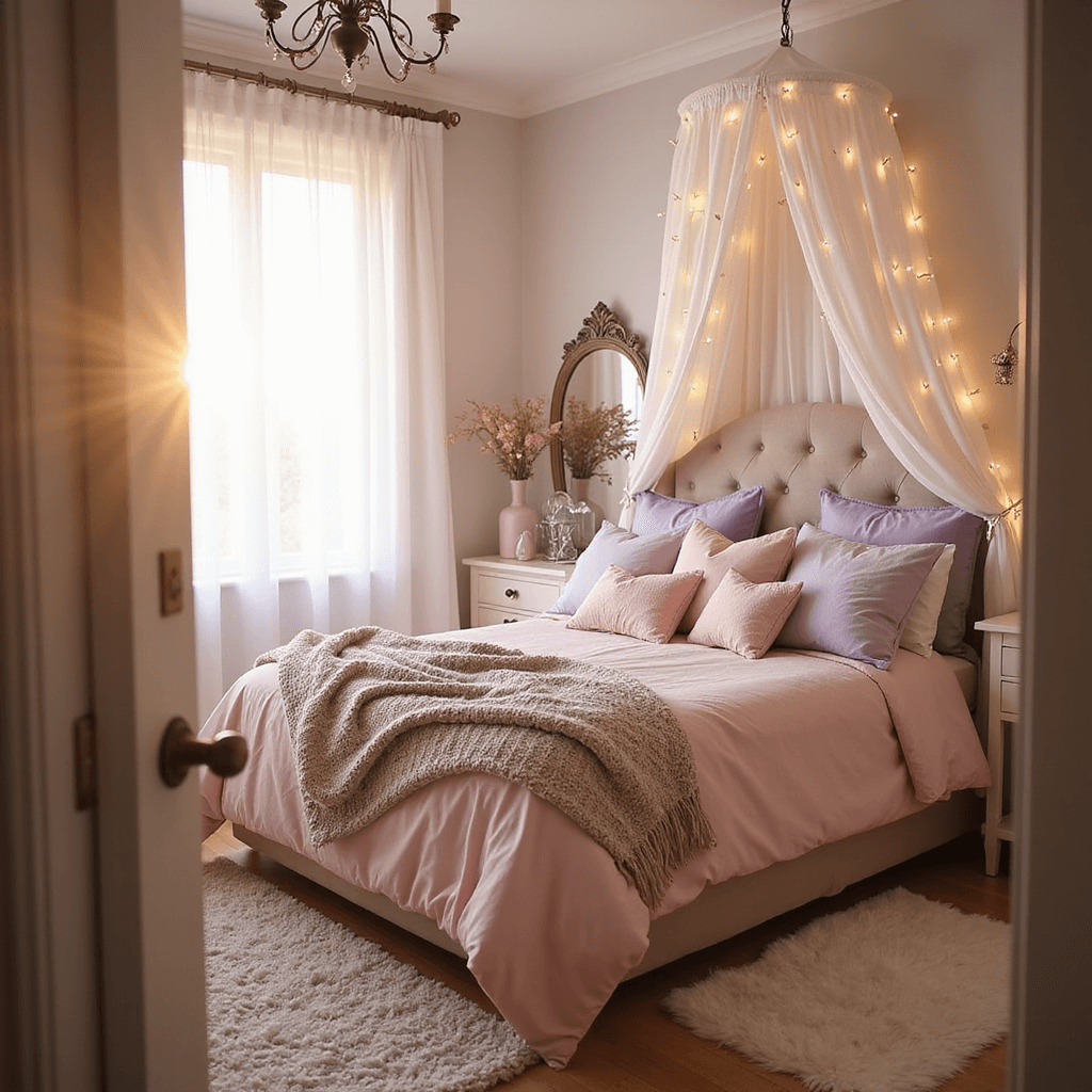 A dreamy Soft Girl bedroom during golden hour, featuring pastel bedding on a queen bed, heart-shaped pillows, white string lights, and sheer curtains; reflected in an ornate mirror.
